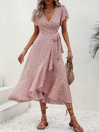 Skye | Floral Wrap Midi Dress with Ruffle Sleeves and Asymmetric Hem