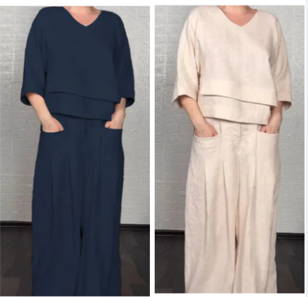 Liza - 2-Piece Cotton and Canvas Set - V-Neck Top and Wide-Leg Pants