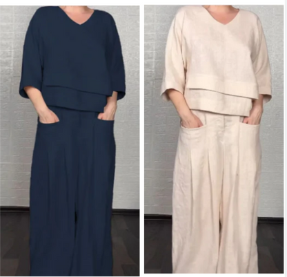 Liza - 2-Piece Cotton and Canvas Set - V-Neck Top and Wide-Leg Pants
