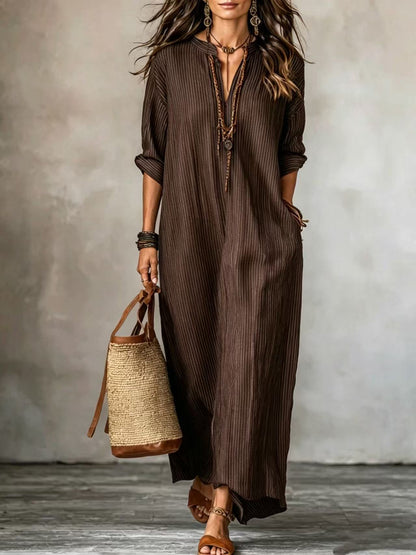HAVEN | Long Sleeve Maxi Dress V-Neck Striped Style with Side Pockets