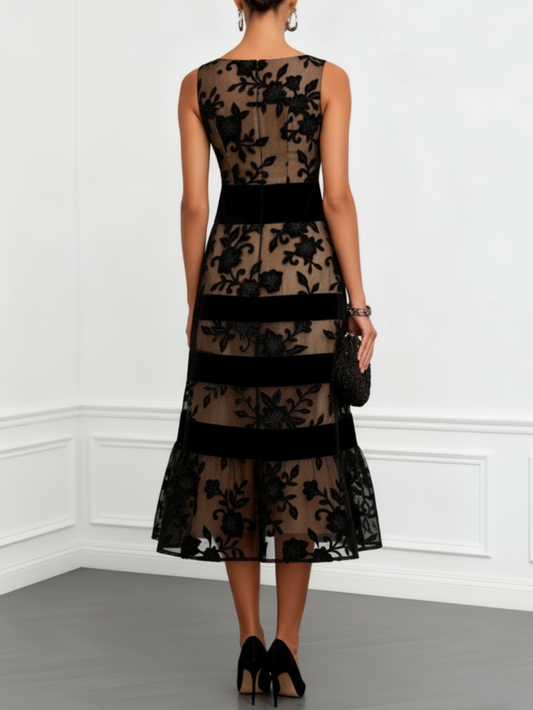 Black Mesh Floral Sleeveless A-Line Midi Dress
