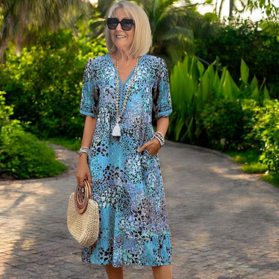 Chloe | Women Floral Midi Dress Boho A-Line Vacation Dress with V-Neck and Side Pockets