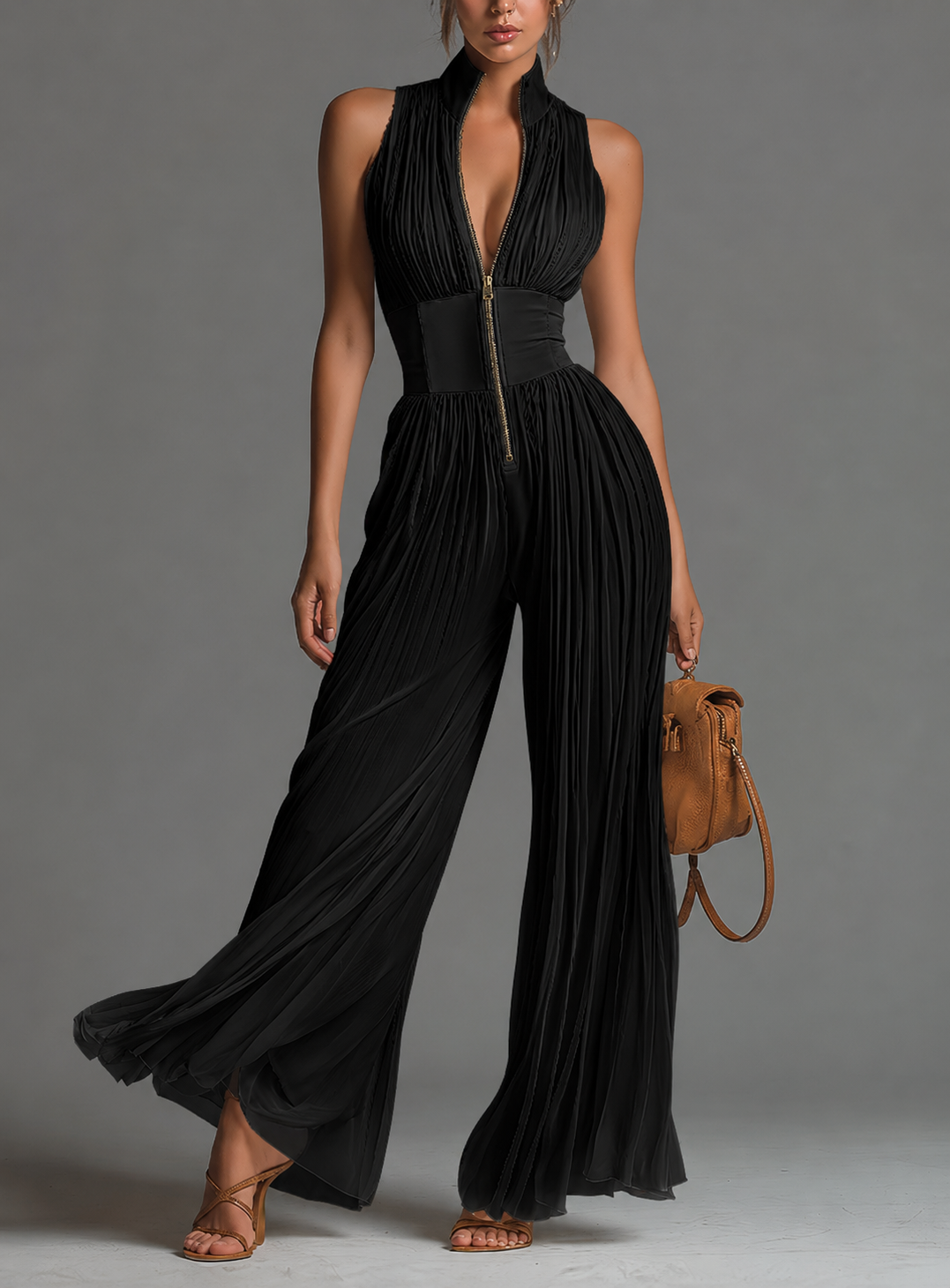 Valentina | Black Chiffon Pleated Jumpsuit with Kimono Sleeves