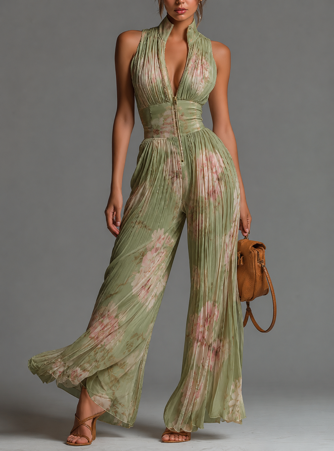 Valentina | Floral Sage Green Pleated Chiffon Jumpsuit