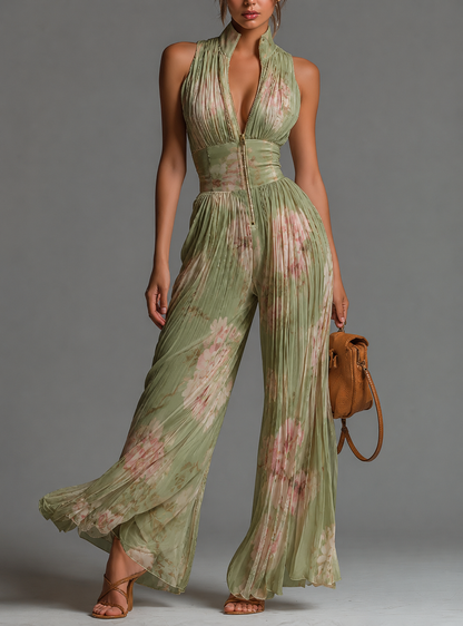 Valentina | Floral Sage Green Pleated Chiffon Jumpsuit