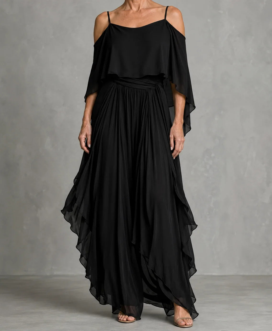 Grey off-shoulder flowy camisole and trousers chiffon set