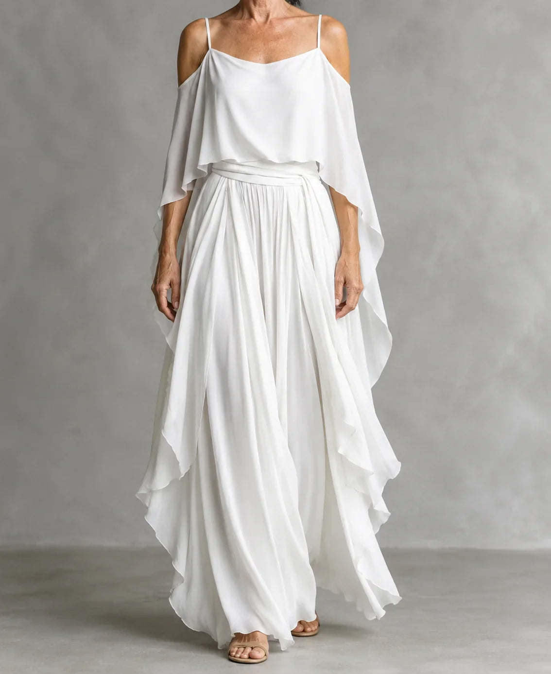 Grey off-shoulder flowy camisole and trousers chiffon set