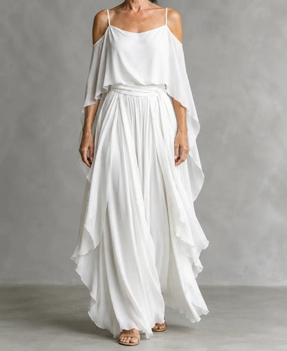 Grey off-shoulder flowy camisole and trousers chiffon set