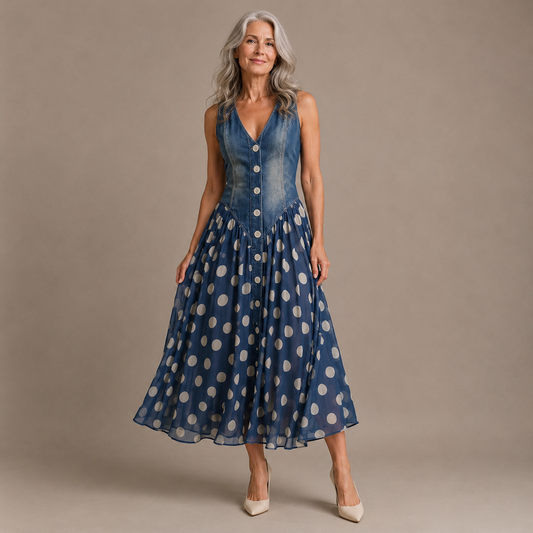 Jasmine | Denim Bodice Polka Dot Chiffon Midi Dress