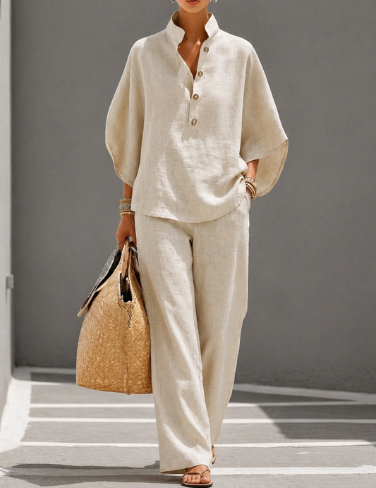 Mariel | Cotton Linen Batwing Sleeve Wide Pants Set