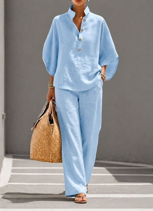 Mariel | Cotton Linen Batwing Sleeve Wide Pants Set