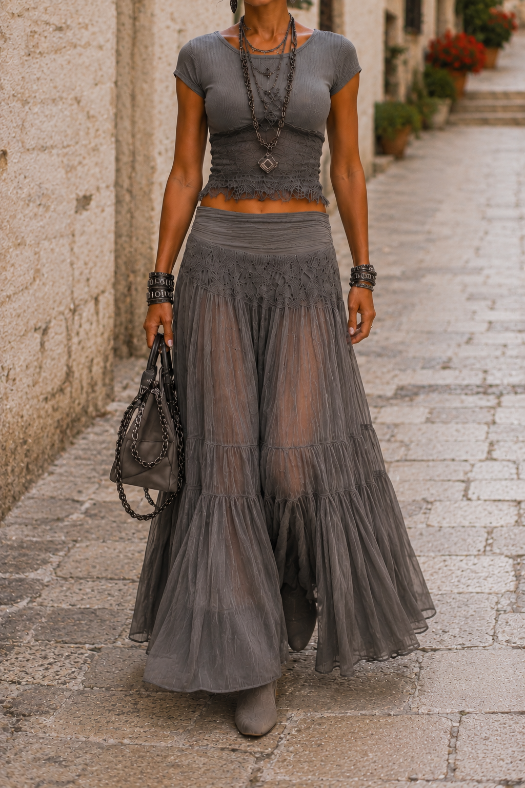 Complete boho chic with long skirt