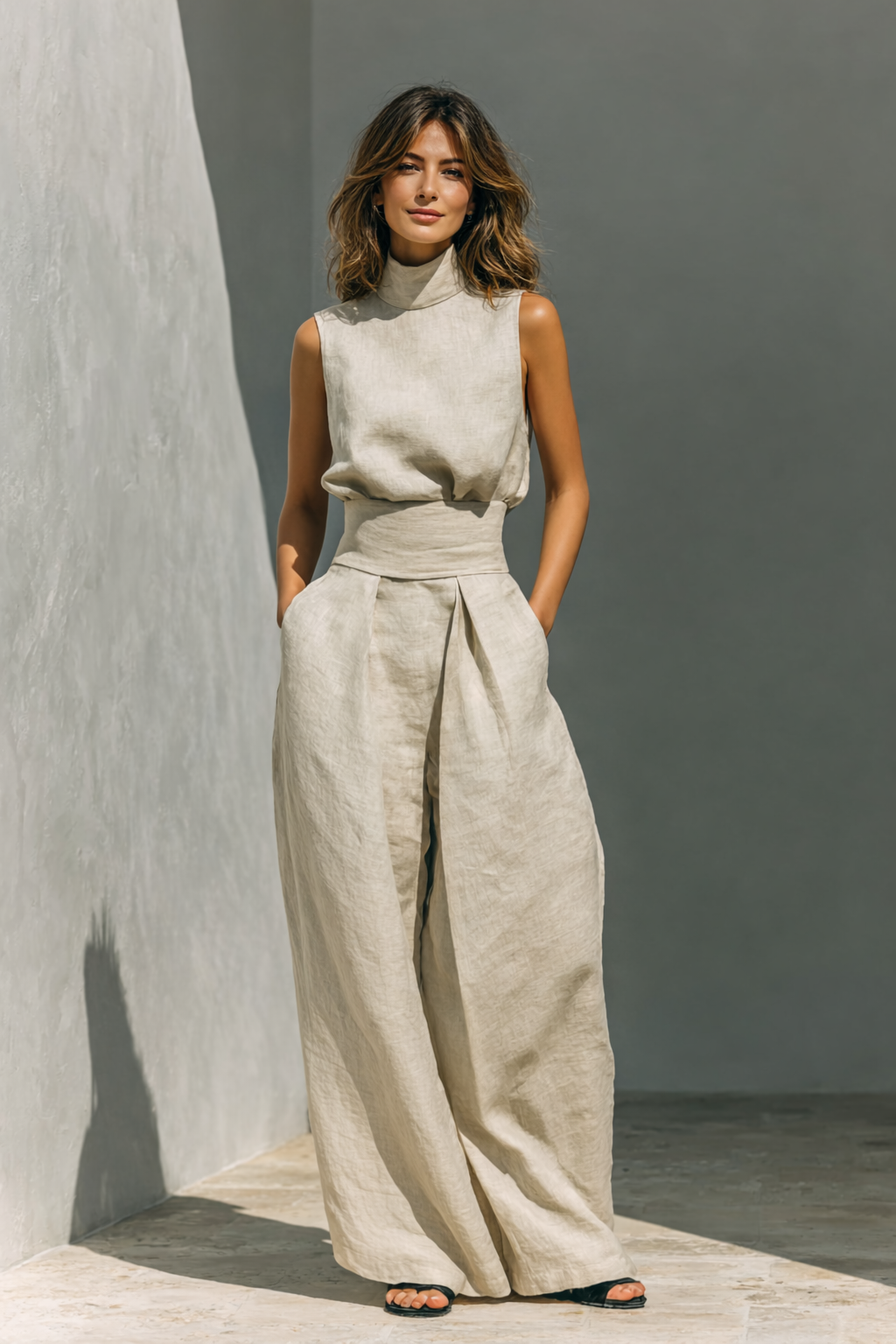 Antonella | Women's Minimalist Cotton and Linen Tank Top and Wide-Leg Pants Set