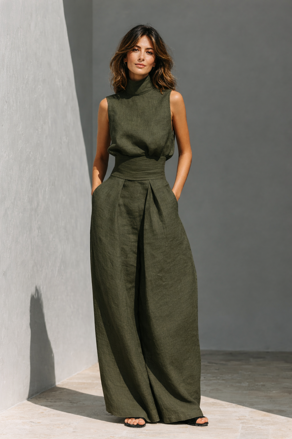 Antonella | Women's Minimalist Cotton and Linen Tank Top and Wide-Leg Pants Set