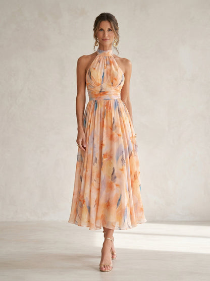 Watercolor Print Halter Neck Dress