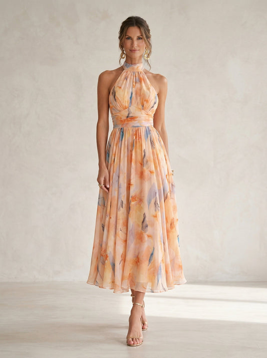 Watercolor Print Halter Neck Dress