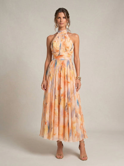 Watercolor Print Halter Neck Dress