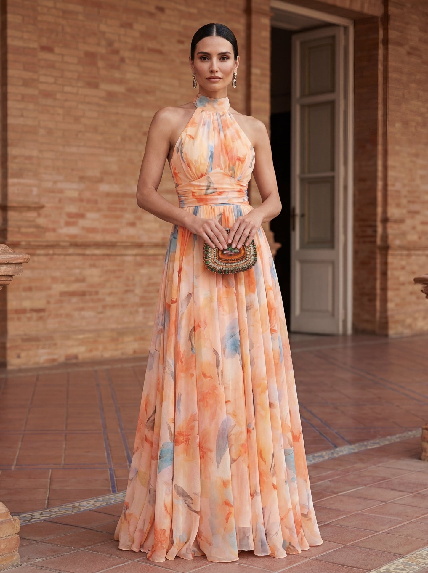 Watercolor Print Halter Neck Dress