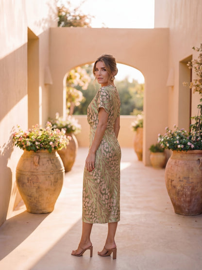 Midi slimming effect dress with central knot and fluid fall