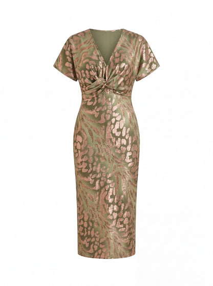 Midi slimming effect dress with central knot and fluid fall
