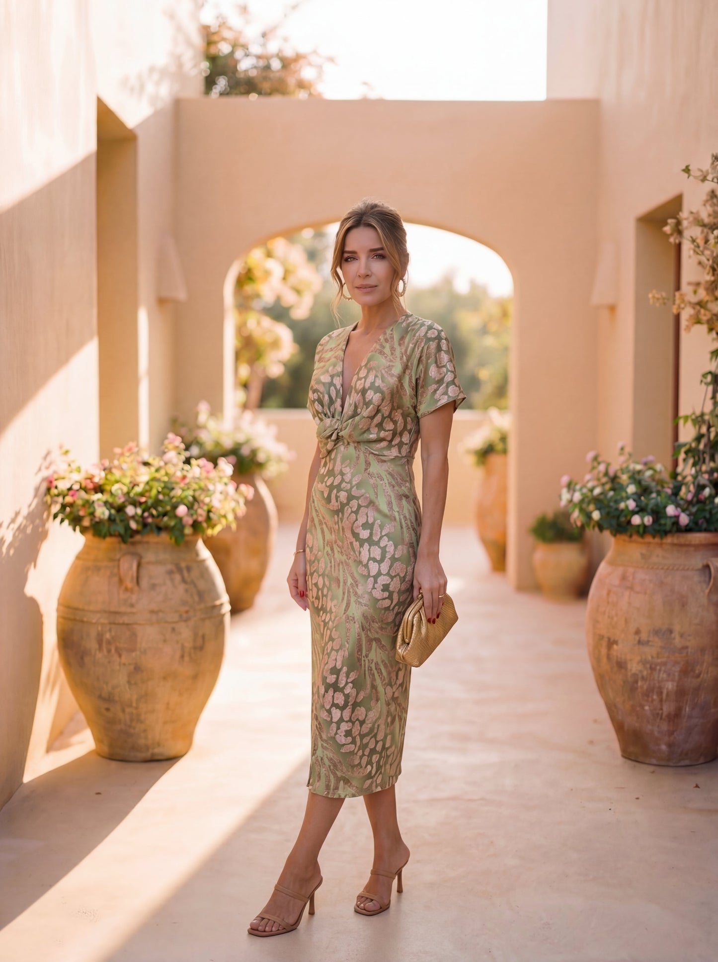 Midi slimming effect dress with central knot and fluid fall