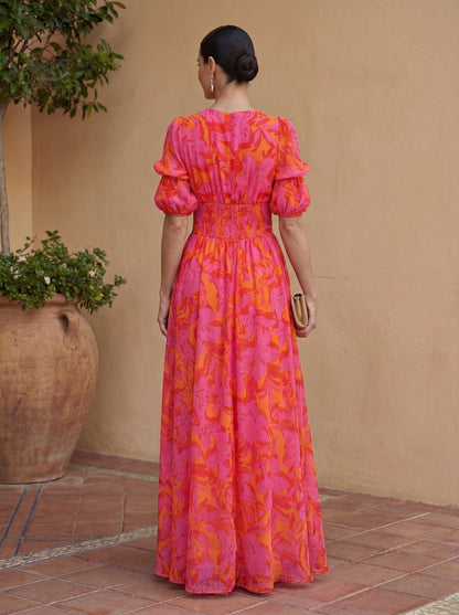 Oliva | Maxi Floral Dress with Balloon Sleeves and V-Neck