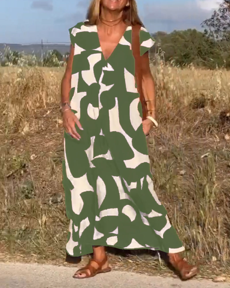 NAOMI | Long Printed Dress with V-Neck and Flared Fit for a Vacation Look