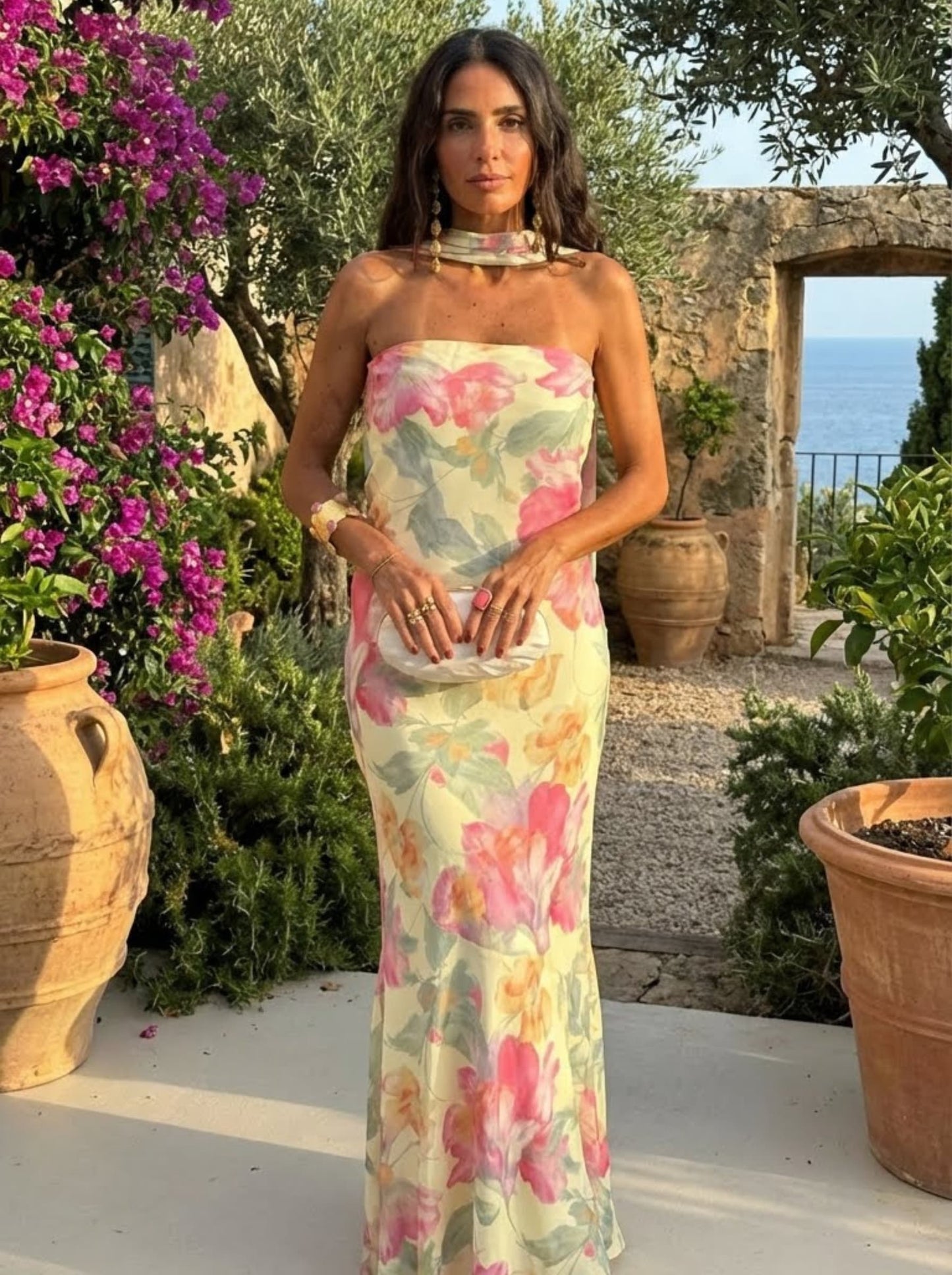 Long floral watercolor strapless dress