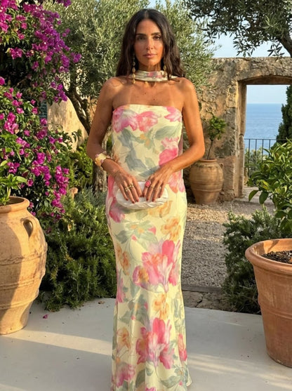 Long floral watercolor strapless dress