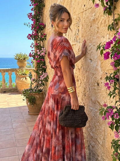 Long watercolor dress with dropped shoulders