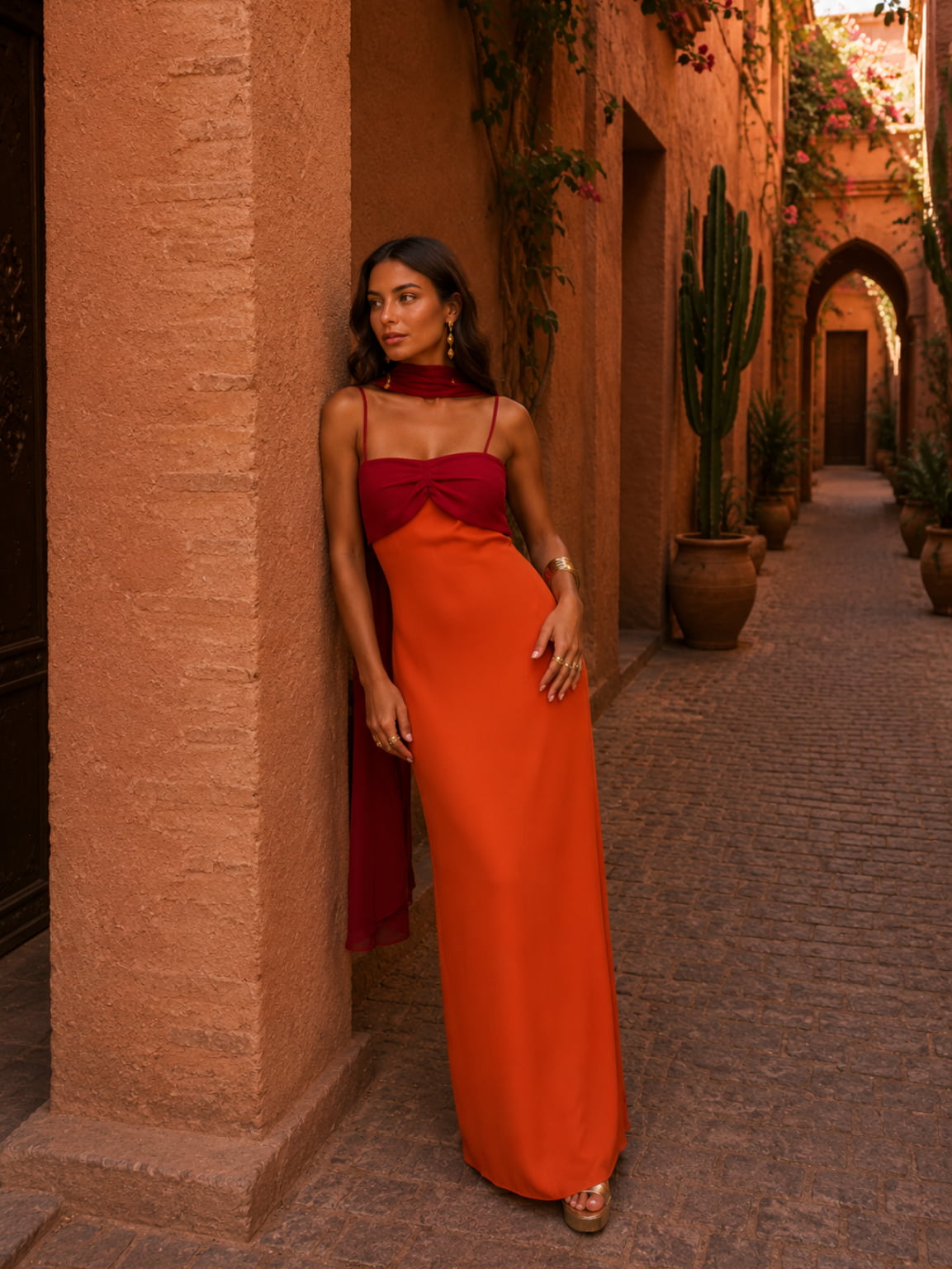 Two-tone draped long dress