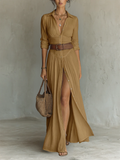 Maxi Dress with Notched Collar and Long Sleeves