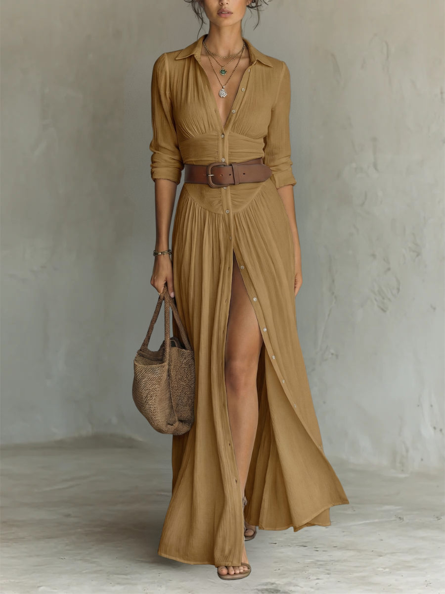 Maxi Dress with Notched Collar and Long Sleeves