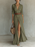 Maxi Dress with Notched Collar and Long Sleeves