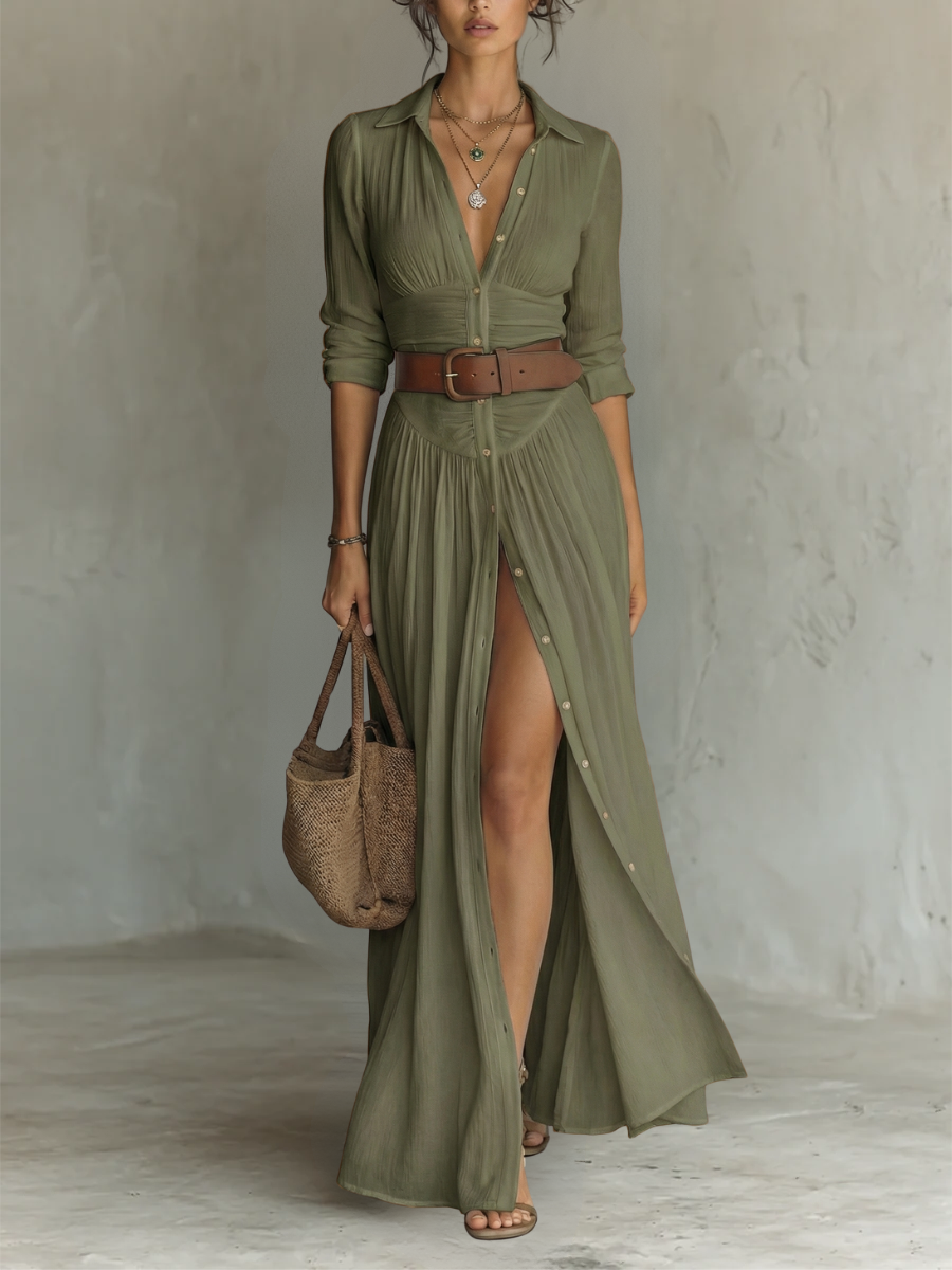 Maxi Dress with Notched Collar and Long Sleeves
