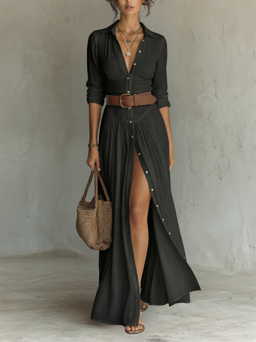 Maxi Dress with Notched Collar and Long Sleeves