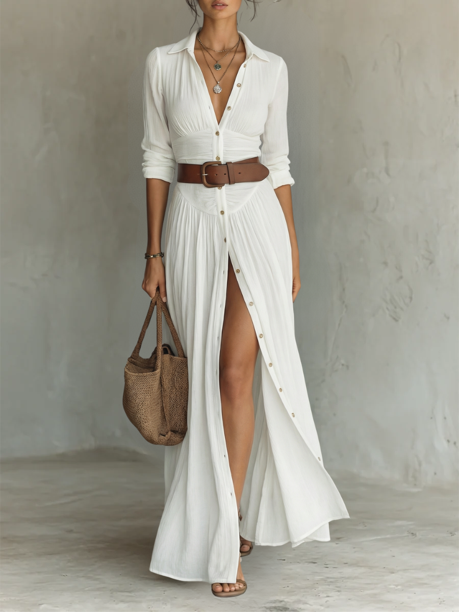 Maxi Dress with Notched Collar and Long Sleeves