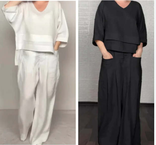 Liza - 2-Piece Cotton and Canvas Set - V-Neck Top and Wide-Leg Pants