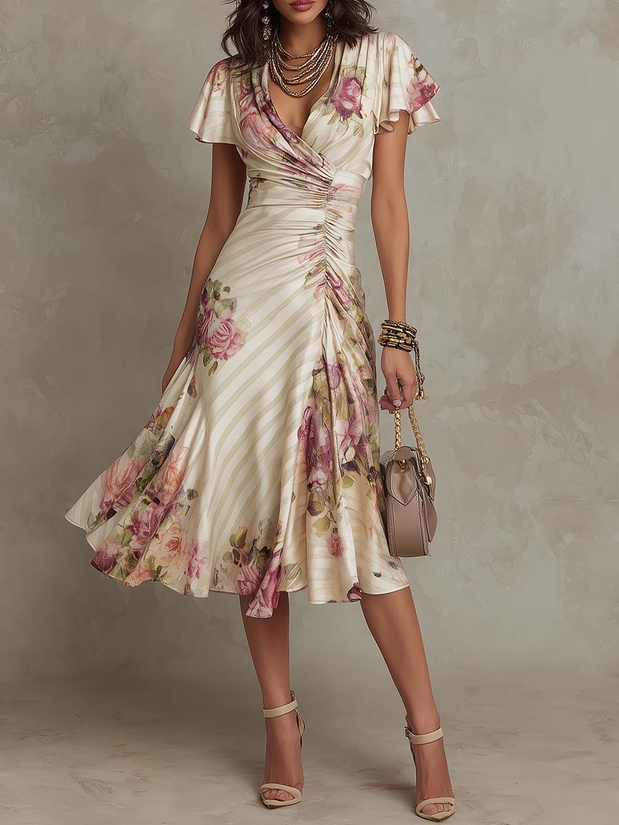 Camellia | Elegant Floral Ruched Wrap Midi Dress