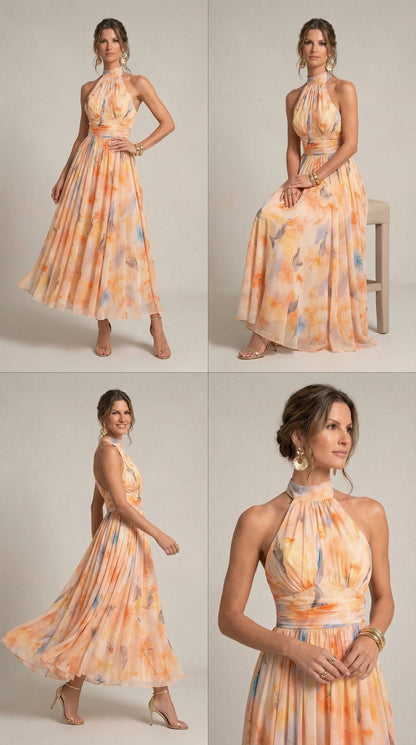 Watercolor Print Halter Neck Dress