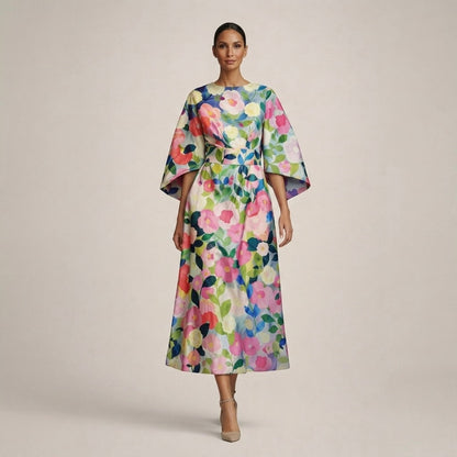 CLEMENTINE | Floral Midi with Sculpted Waist and Airy Elegance