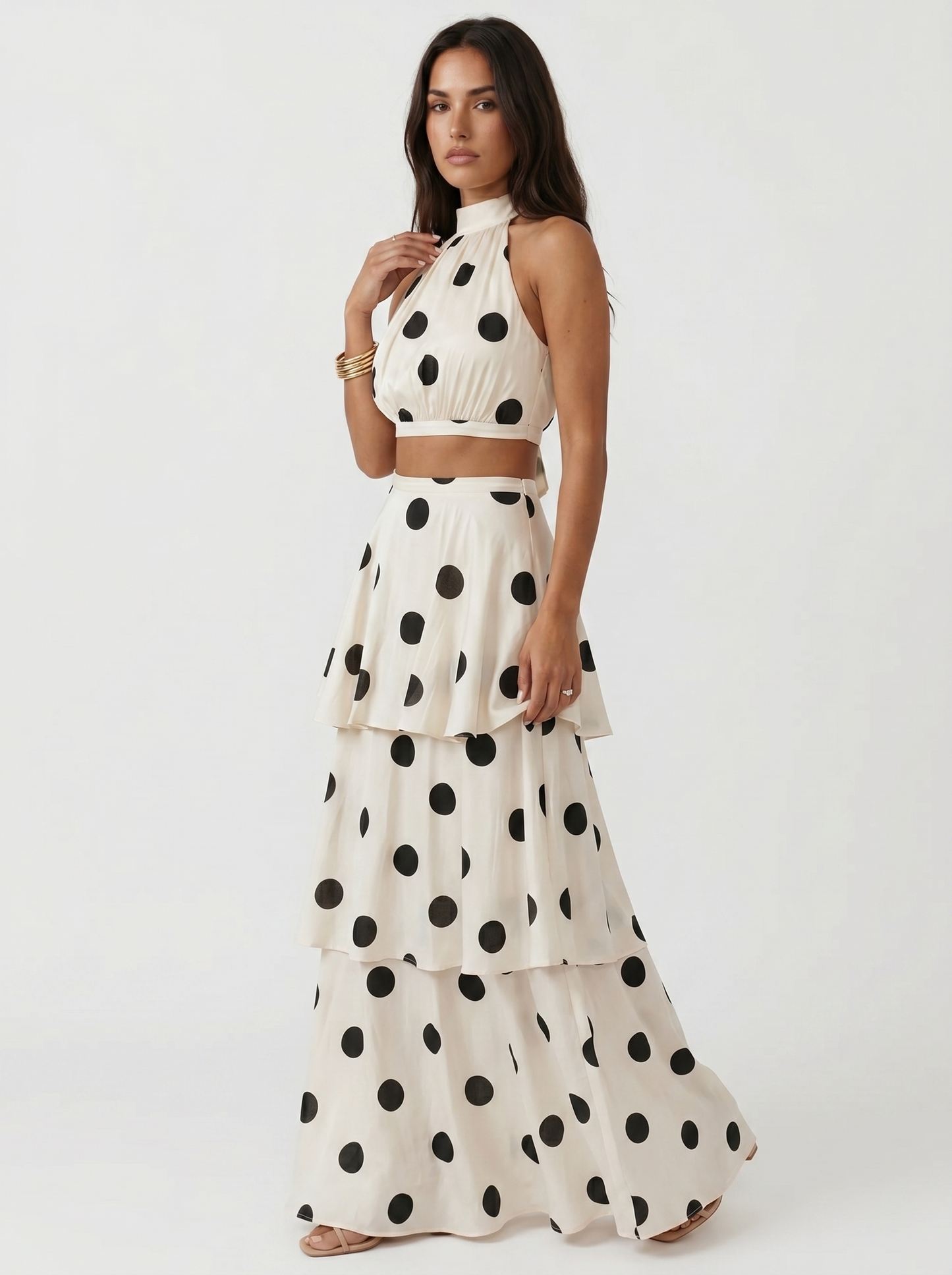 Ensemble top and long skirt with polka dots