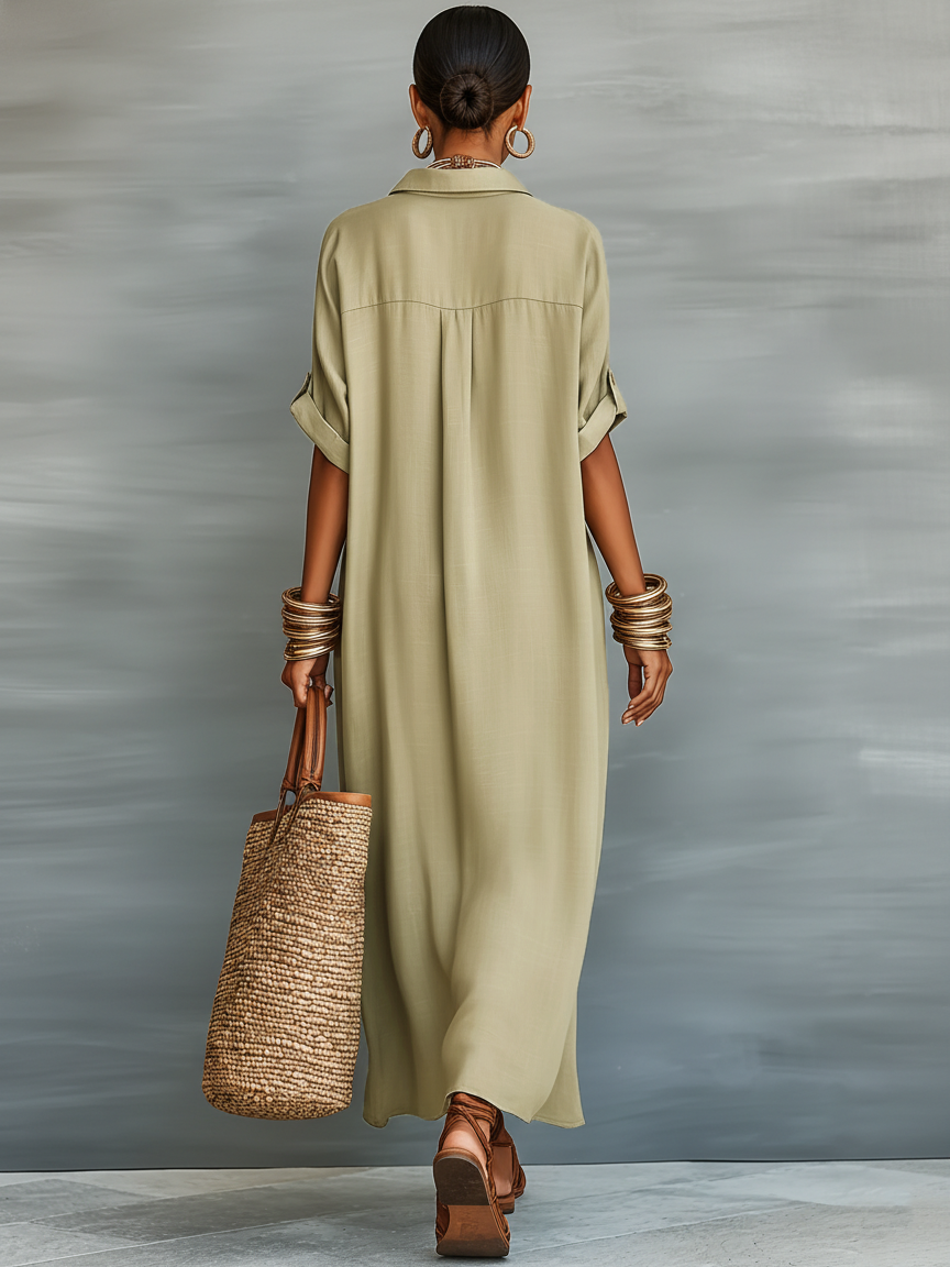 SAGE | Linen Shirt Maxi Dress Short Sleeve Minimalist Casual Style