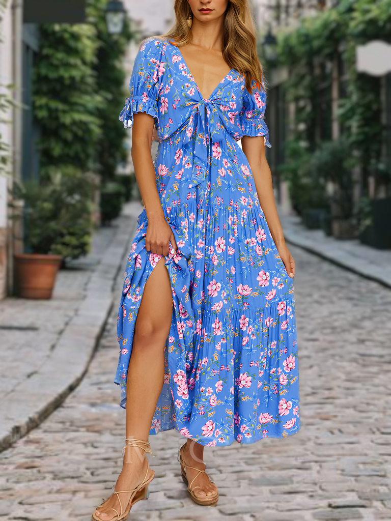 Floral Beach Dress with Short Sleeves