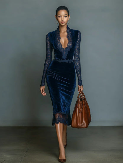 Velvet Midi Dress with V-Neck Lace
