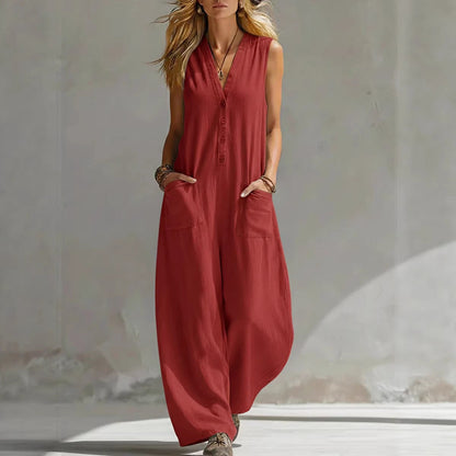 COOPER | V-Neck Button-Front Wide-Leg Jumpsuit with Pockets