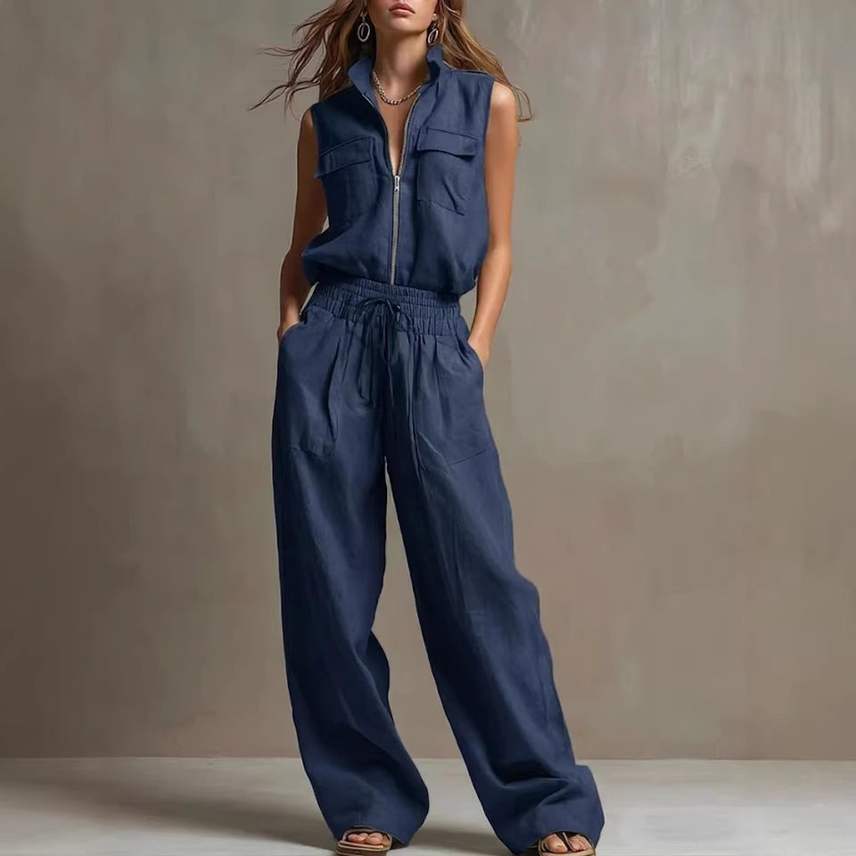 JADE | Zip-Front Sleeveless Wide-Leg Jumpsuit with Drawstring Waist