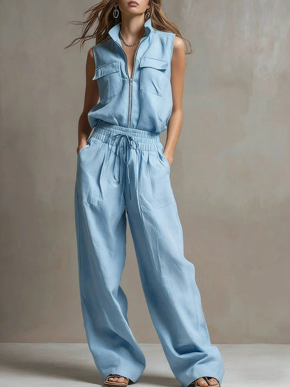 JADE | Zip-Front Sleeveless Wide-Leg Jumpsuit with Drawstring Waist