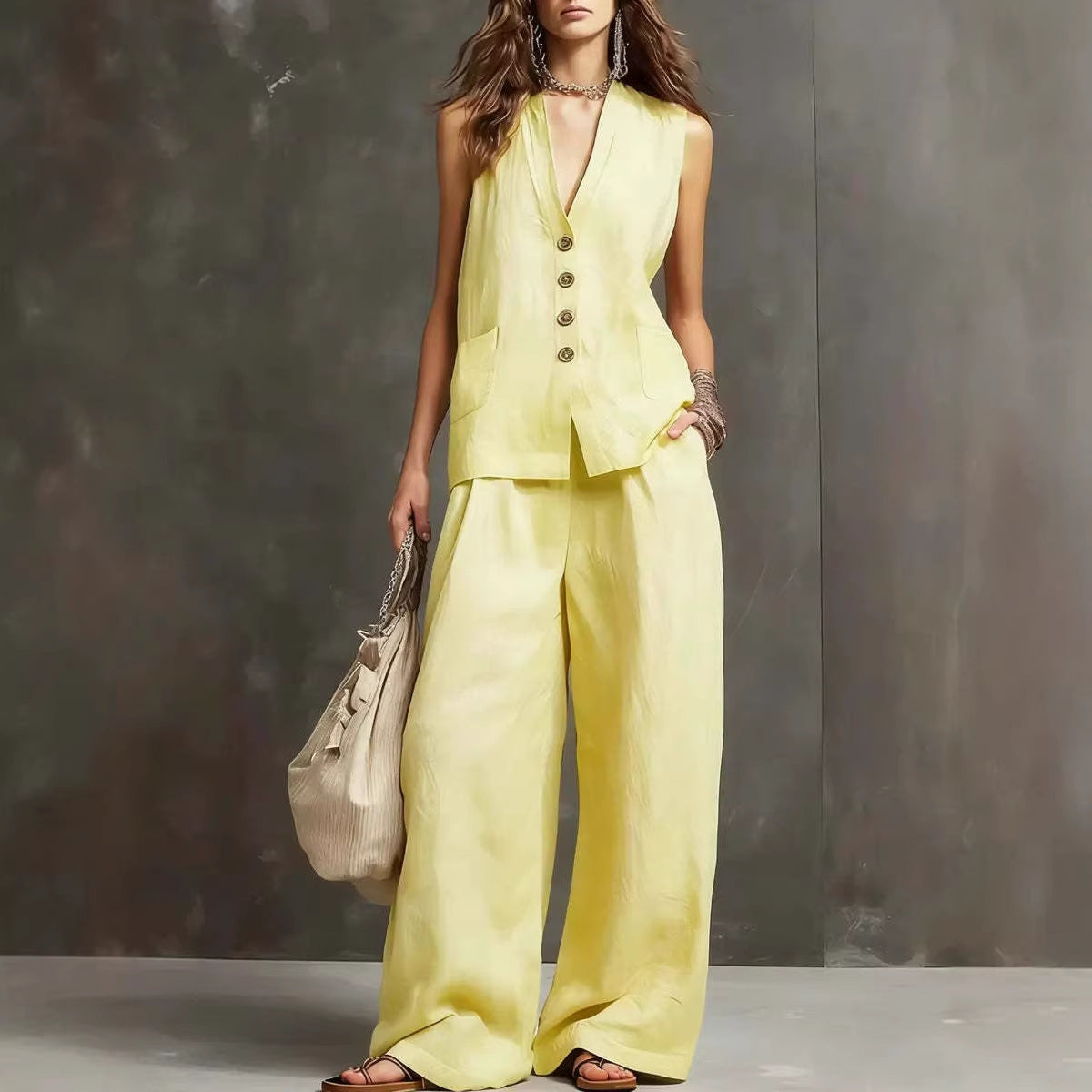 Two-Piece Set  with Sleeveless Vest and Wide-Leg Pants