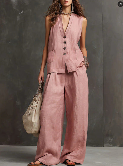 Two-Piece Set  with Sleeveless Vest and Wide-Leg Pants